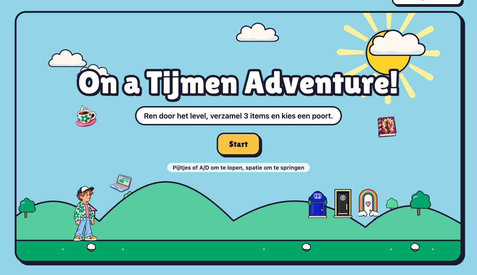 De homepage van tijmenschulte.nl: een platformspel met wolken, heuvels en Tijmen als getekend poppetje